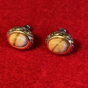 Roman signed pierced post earrings, goldtone with tan stone